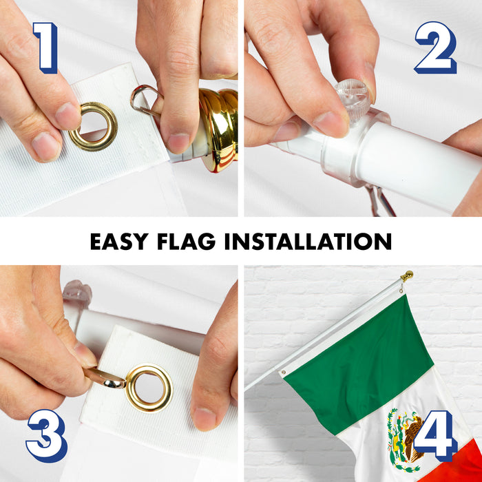 G128 - 5 Feet Tangle Free Spinning Flagpole (White) Mexico Flag Double Sided Brass Grommets Embroidered 2x3 ft (Flag Included) Aluminum Flag Pole