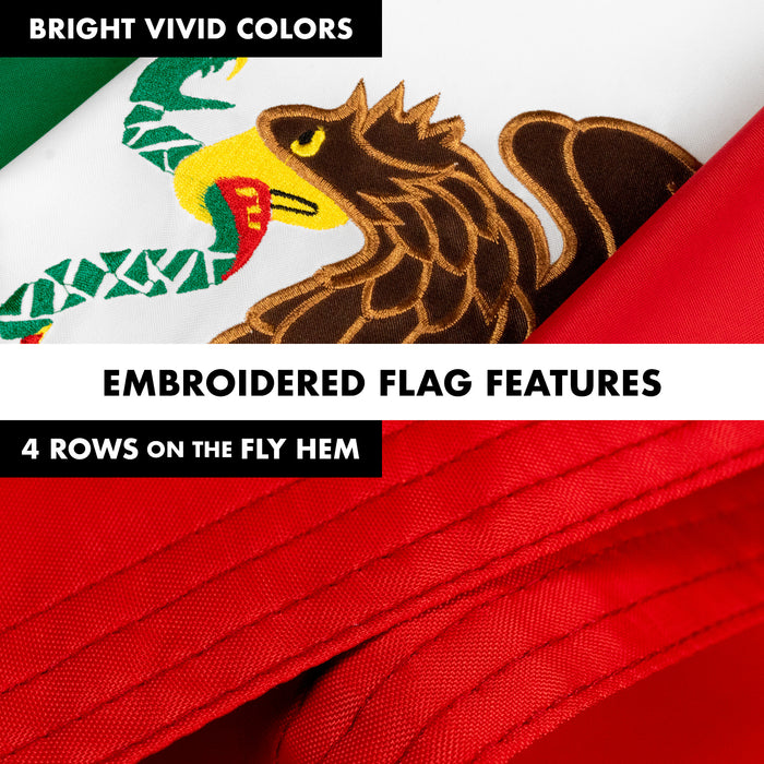 G128 Combo Pack: 5 Ft Tangle Free Aluminum Spinning Flagpole (White) & Mexico Mexican Flag 2.5x4 Ft, Double ToughWeave Series Double Sided Embroidered 210D Polyester | Pole with Flag Included