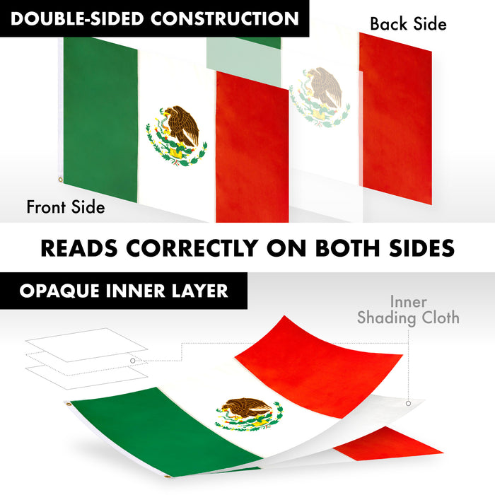 G128 Combo Pack: 5 Ft Tangle Free Aluminum Spinning Flagpole (Silver) & Mexico Mexican Flag 2.5x4 Ft, Double ToughWeave Series Double Sided Embroidered 210D Polyester | Pole with Flag Included