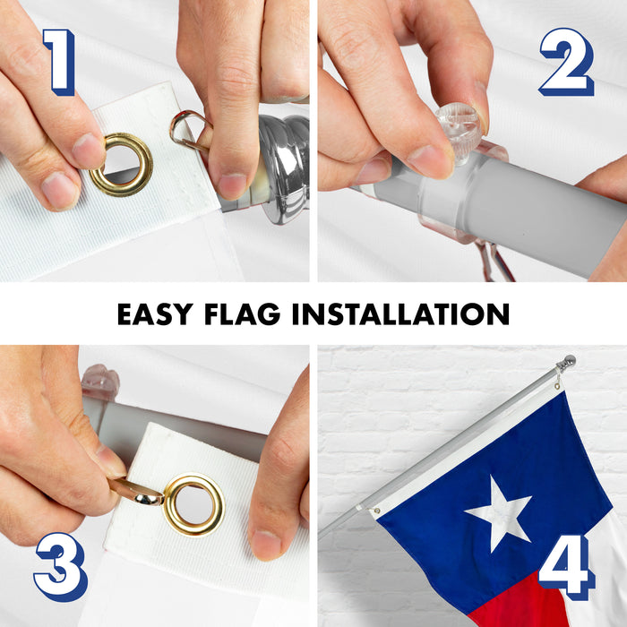 G128 - 5 Feet Tangle Free Spinning Flagpole (Silver) Texas Flag Brass Grommets Embroidered 2x3 ft (Flag Included) Aluminum Flag Pole