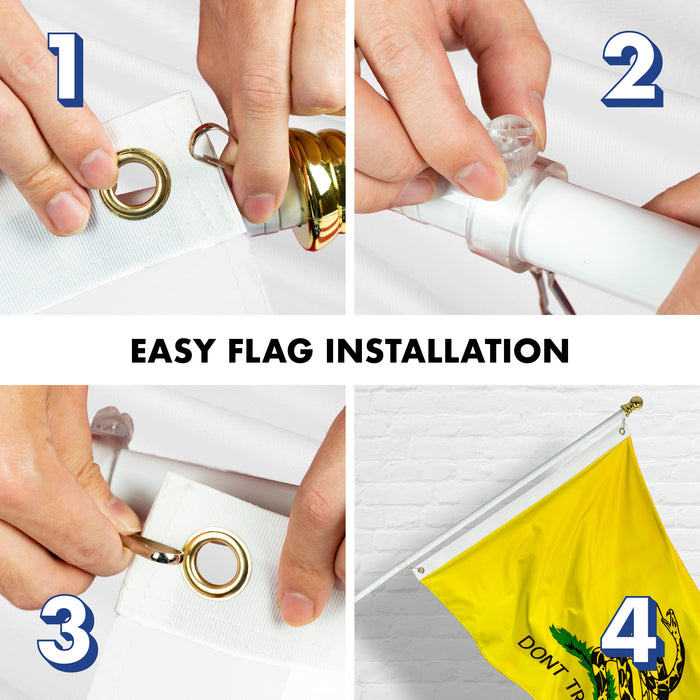 G128 - 6 Feet Tangle Free Spinning Flagpole (White) Gadsden Flag Brass Grommets Embroidered 3x5 ft (Flag Included) Aluminum Flag Pole