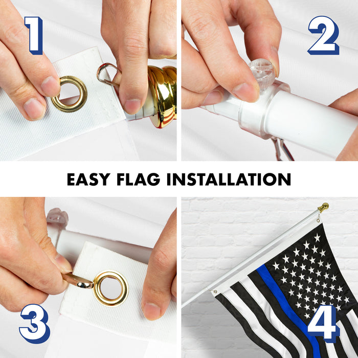 G128 - 5 Feet Tangle Free Spinning Flagpole (White) Thin Blue Line Flag Brass Grommets Embroidered 2x3 ft (Flag Included) Aluminum Flag Pole