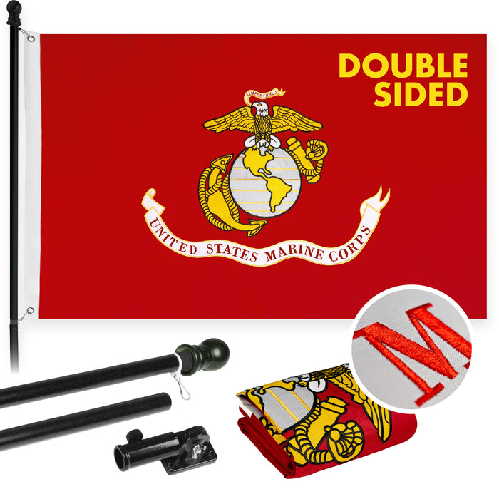 G128 - 5 Feet Tangle Free Spinning Flagpole (Black) US Marine Corps Flag Double Sided Brass Grommets Embroidered 2x3 ft (Flag Included) Aluminum Flag Pole