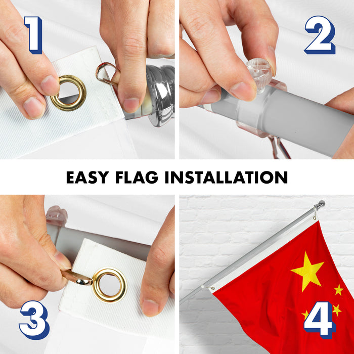 G128 - 6 Feet Tangle Free Spinning Flagpole (Silver) China Flag Brass Grommets Embroidered 3x5 ft (Flag Included) Aluminum Flag Pole