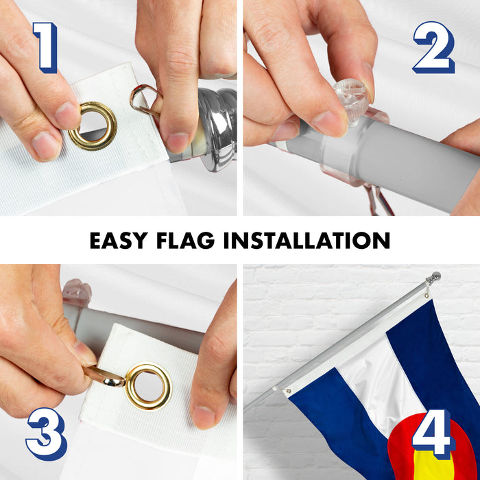 G128 Combo Pack: 5 Ft Tangle Free Aluminum Spinning Flagpole (Silver) & Colorado CO  2x3 Ft, ToughWeave Series Embroidered 300D Polyester | Pole with Flag Included