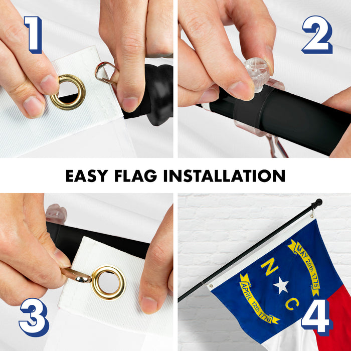 G128 Combo Pack: 5 Ft Tangle Free Aluminum Spinning Flagpole (Black) & North Carolina  2x3 Ft, ToughWeave Series Embroidered 300D Polyester | Pole with Flag Included