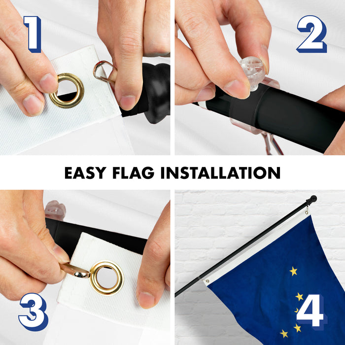 G128 Combo Pack: 5 Ft Tangle Free Aluminum Spinning Flagpole (Black) & Alaska AK  2x3 Ft, ToughWeave Series Embroidered 300D Polyester | Pole with Flag Included