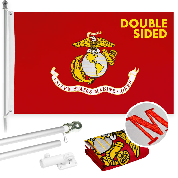 G128 - 6 Feet Tangle Free Spinning Flagpole (Silver) USMC Double Sided Brass Grommets Embroidered 3x5 ft (Flag Included) Aluminum Flag Pole