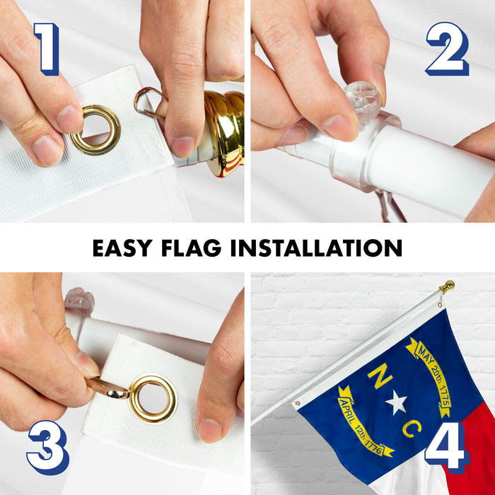 G128 Combo Pack: 5 Ft Tangle Free Aluminum Spinning Flagpole (White) & North Carolina  2x3 Ft, ToughWeave Series Embroidered 300D Polyester | Pole with Flag Included
