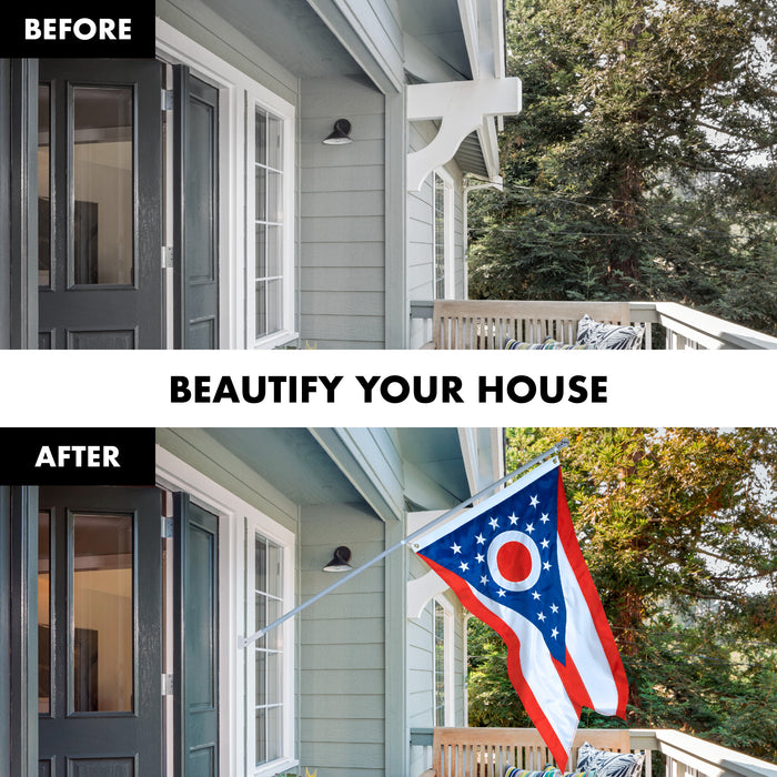 G128 Combo Pack: 5 Ft Tangle Free Aluminum Spinning Flagpole (Silver) & Ohio OH  2.5x4 Ft, ToughWeave Series Embroidered 300D Polyester | Pole with Flag Included