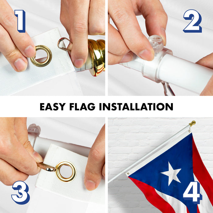 G128 Combo Pack: 5 Ft Tangle Free Aluminum Spinning Flagpole (White) & Puerto Rico Puerto Rican Flag 2.5x4 Ft, ToughWeave Series Embroidered 300D Polyester | Pole with Flag Included