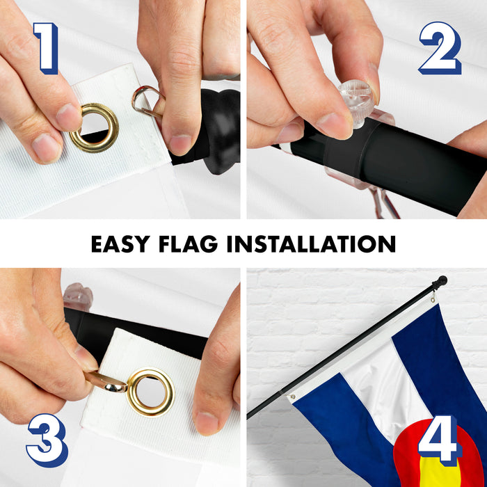 G128 Combo Pack: 5 Ft Tangle Free Aluminum Spinning Flagpole (Black) & Colorado CO  2x3 Ft, ToughWeave Series Embroidered 300D Polyester | Pole with Flag Included