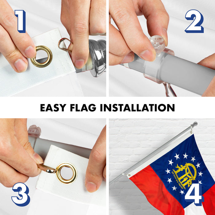 G128 Combo Pack: 5 Ft Tangle Free Aluminum Spinning Flagpole (Silver) & Georgia GA State Flag 2x3 Ft, ToughWeave Series Embroidered 300D Polyester | Pole with Flag Included