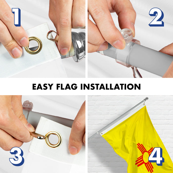 G128 Combo Pack: 5 Ft Tangle Free Aluminum Spinning Flagpole (Silver) & New Mexico NM  2x3 Ft, ToughWeave Series Embroidered 300D Polyester | Pole with Flag Included