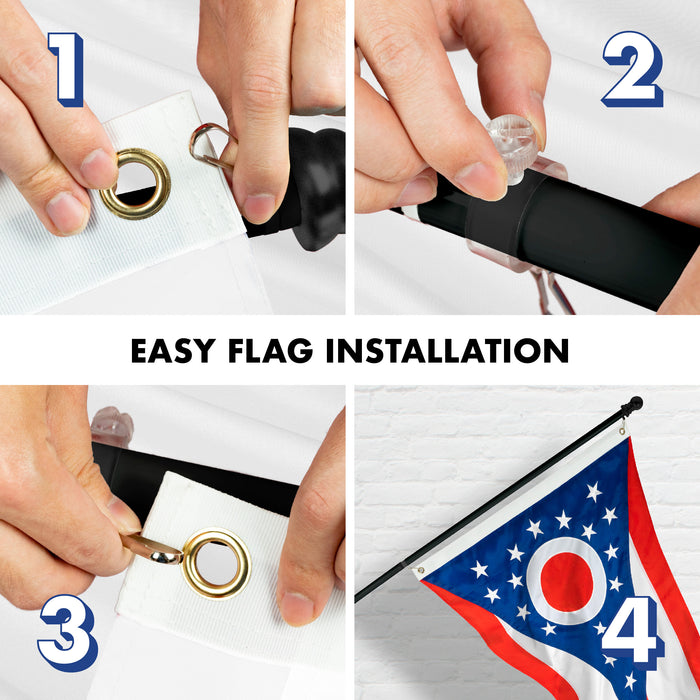 G128 Combo Pack: 5 Ft Tangle Free Aluminum Spinning Flagpole (Black) & Ohio OH  2.5x4 Ft, ToughWeave Series Embroidered 300D Polyester | Pole with Flag Included