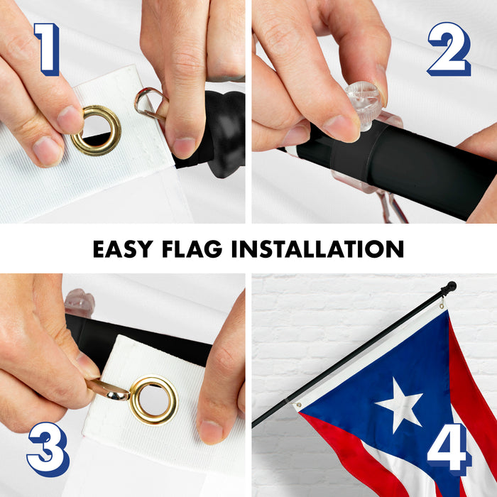 G128 Combo Pack: 5 Ft Tangle Free Aluminum Spinning Flagpole (Black) & Puerto Rico Puerto Rican Flag 2.5x4 Ft, ToughWeave Series Embroidered 300D Polyester | Pole with Flag Included