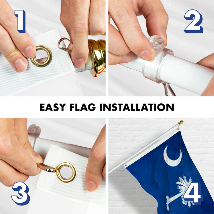 G128 - 6 Feet Tangle Free Spinning Flagpole (White) South Carolina Flag Brass Grommets Embroidered 3x5 ft (Flag Included) Aluminum Flag Pole