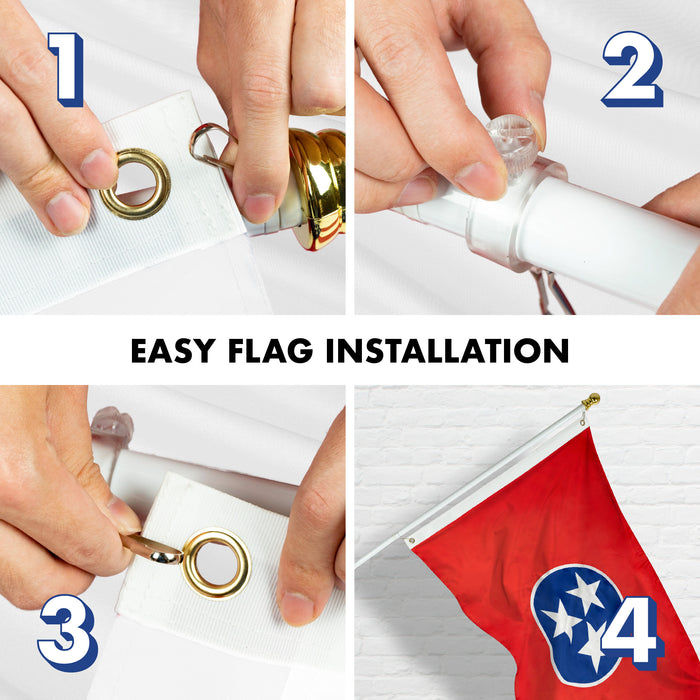 G128 Combo Pack: 5 Ft Tangle Free Aluminum Spinning Flagpole (White) & Tennessee TN  2x3 Ft, ToughWeave Series Embroidered 300D Polyester | Pole with Flag Included