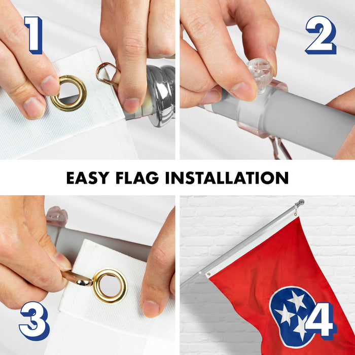 G128 Combo Pack: 5 Ft Tangle Free Aluminum Spinning Flagpole (Silver) & Tennessee TN State Flag 2x3 Ft, ToughWeave Series Embroidered 300D Polyester | Pole with Flag Included
