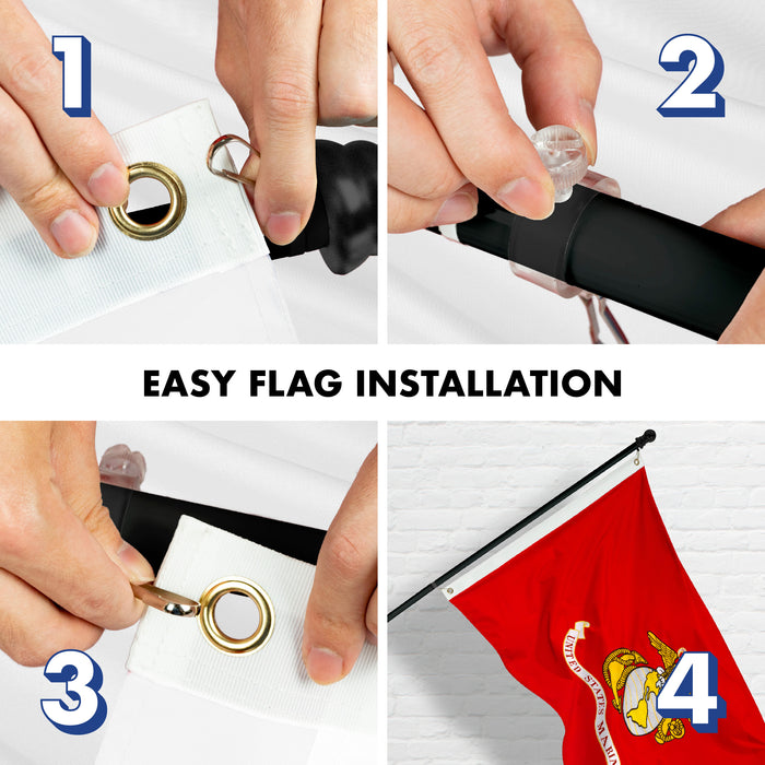 G128 - 5 Feet Tangle Free Spinning Flagpole (Black) US Marine Corps Flag Double Sided Brass Grommets Embroidered 2x3 ft (Flag Included) Aluminum Flag Pole