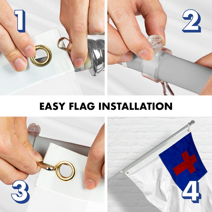 G128 Combo Pack: 5 Ft Tangle Free Aluminum Spinning Flagpole (Silver) & Christian Flag 2x3 Ft, ToughWeave Series Embroidered 300D Polyester | Pole with Flag Included