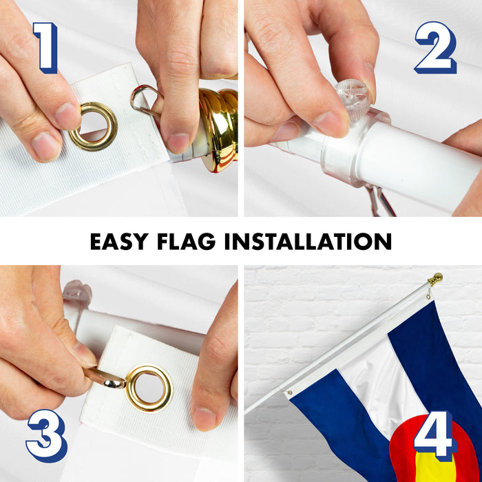 G128 Combo Pack: 5 Ft Tangle Free Aluminum Spinning Flagpole (White) & Colorado CO  2x3 Ft, ToughWeave Series Embroidered 300D Polyester | Pole with Flag Included