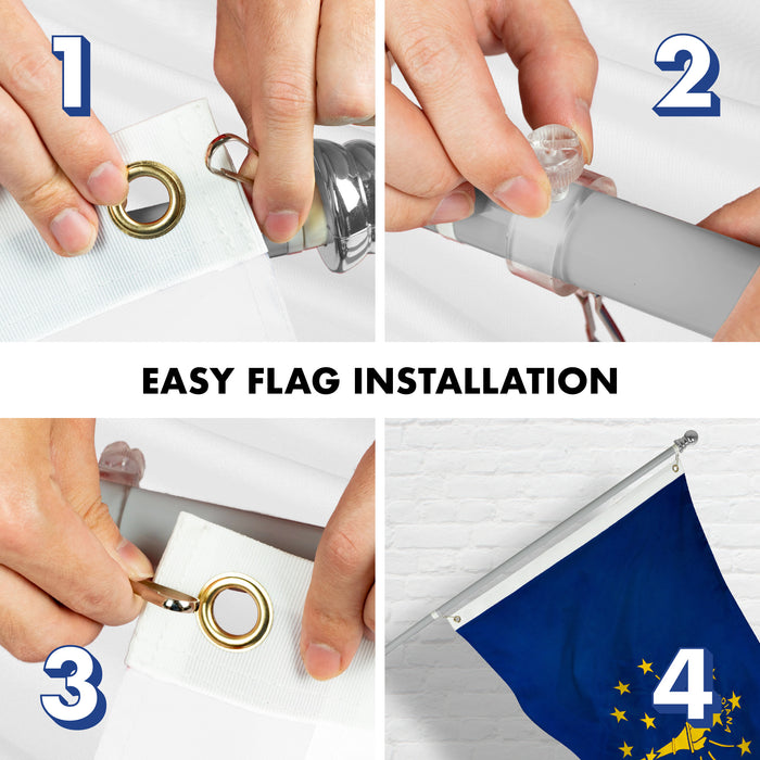 G128 Combo Pack: 5 Ft Tangle Free Aluminum Spinning Flagpole (Silver) & Indiana IN  2x3 Ft, ToughWeave Series Embroidered 300D Polyester | Pole with Flag Included