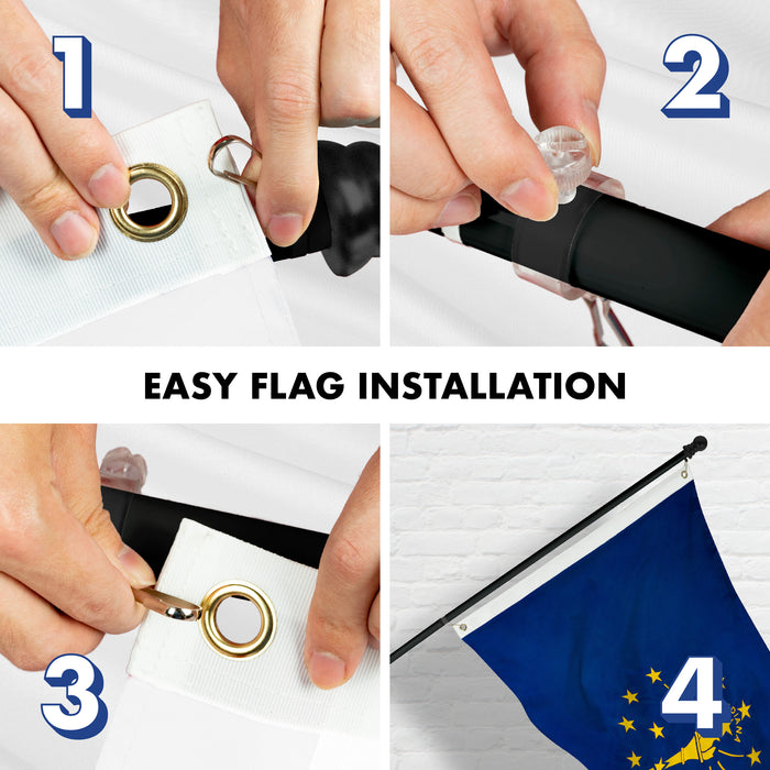 G128 Combo Pack: 5 Ft Tangle Free Aluminum Spinning Flagpole (Black) & Indiana IN  2.5x4 Ft, ToughWeave Series Embroidered 300D Polyester | Pole with Flag Included
