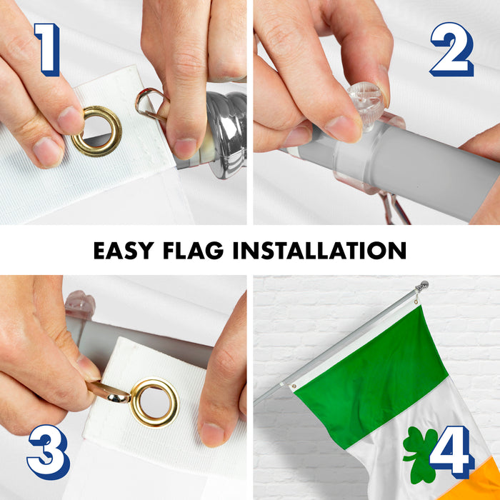 G128 Combo Pack: 5 Ft Tangle Free Aluminum Spinning Flagpole (Silver) & Ireland Irish Shamrock Flag 2.5x4 Ft, ToughWeave Series Embroidered 300D Polyester | Pole with Flag Included