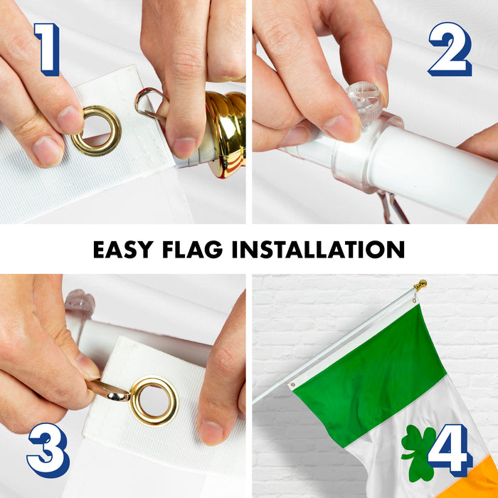 G128 Combo Pack: 5 Ft Tangle Free Aluminum Spinning Flagpole (White) & Ireland Irish Shamrock Flag 2.5x4 Ft, ToughWeave Series Embroidered 300D Polyester | Pole with Flag Included