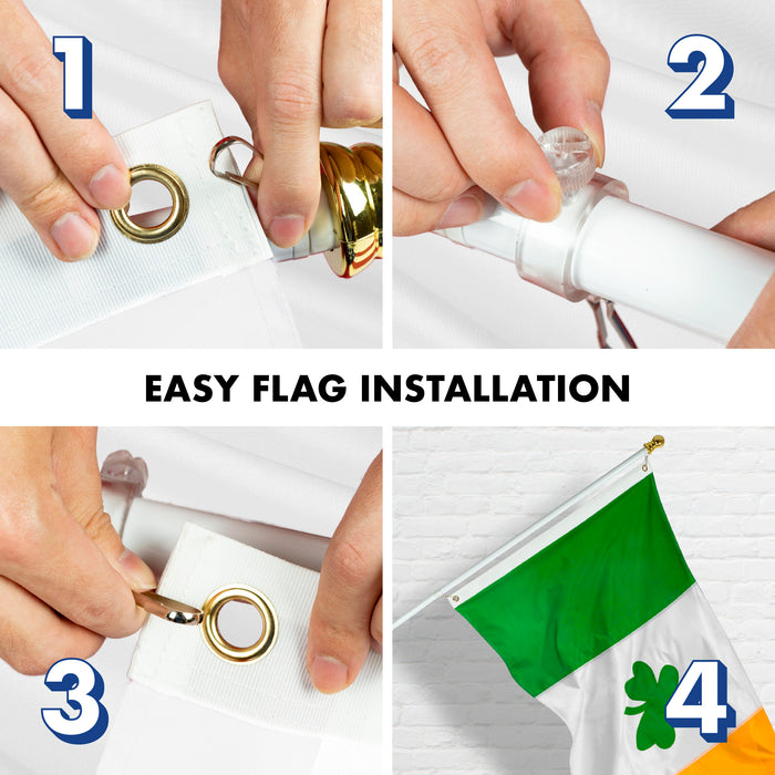 G128 Combo Pack: 5 Ft Tangle Free Aluminum Spinning Flagpole (White) & Ireland Irish Shamrock Flag 2x3 Ft, ToughWeave Series Embroidered 300D Polyester | Pole with Flag Included
