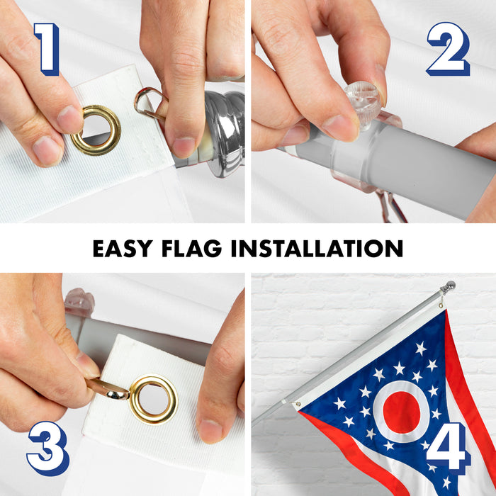 G128 Combo Pack: 5 Ft Tangle Free Aluminum Spinning Flagpole (Silver) & Ohio OH State Flag 2x3 Ft, ToughWeave Series Embroidered 300D Polyester | Pole with Flag Included