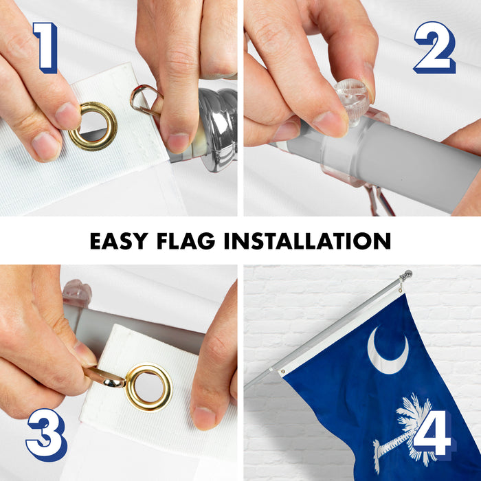 G128 Combo Pack: 5 Ft Tangle Free Aluminum Spinning Flagpole (Silver) & South Carolina SC  2.5x4 Ft, ToughWeave Series Embroidered 300D Polyester | Pole with Flag Included