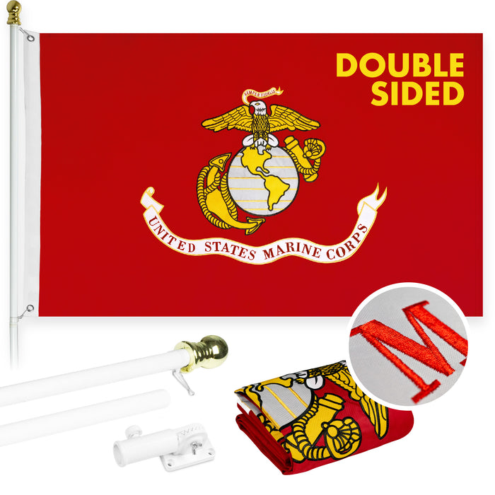 G128 - 6 Feet Tangle Free Spinning Flagpole (White) USMC Double Sided Brass Grommets Embroidered 3x5 ft (Flag Included) Aluminum Flag Pole