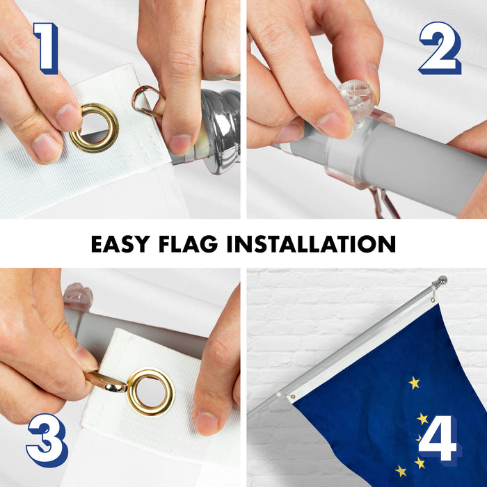 G128 Combo Pack: 5 Ft Tangle Free Aluminum Spinning Flagpole (Silver) & Alaska AK  2x3 Ft, ToughWeave Series Embroidered 300D Polyester | Pole with Flag Included