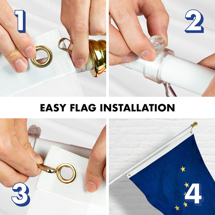 G128 Combo Pack: 5 Ft Tangle Free Aluminum Spinning Flagpole (White) & Alaska AK  2x3 Ft, ToughWeave Series Embroidered 300D Polyester | Pole with Flag Included