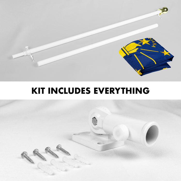 G128 Combo Pack: 5 Ft Tangle Free Aluminum Spinning Flagpole (White) & Indiana IN  2.5x4 Ft, ToughWeave Series Embroidered 300D Polyester | Pole with Flag Included