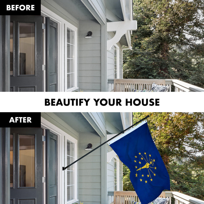 G128 Combo Pack: 5 Ft Tangle Free Aluminum Spinning Flagpole (Black) & Indiana IN  2.5x4 Ft, ToughWeave Series Embroidered 300D Polyester | Pole with Flag Included