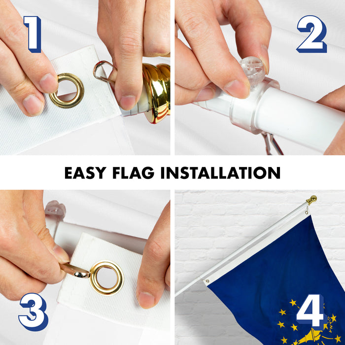 G128 Combo Pack: 5 Ft Tangle Free Aluminum Spinning Flagpole (White) & Indiana IN  2x3 Ft, ToughWeave Series Embroidered 300D Polyester | Pole with Flag Included