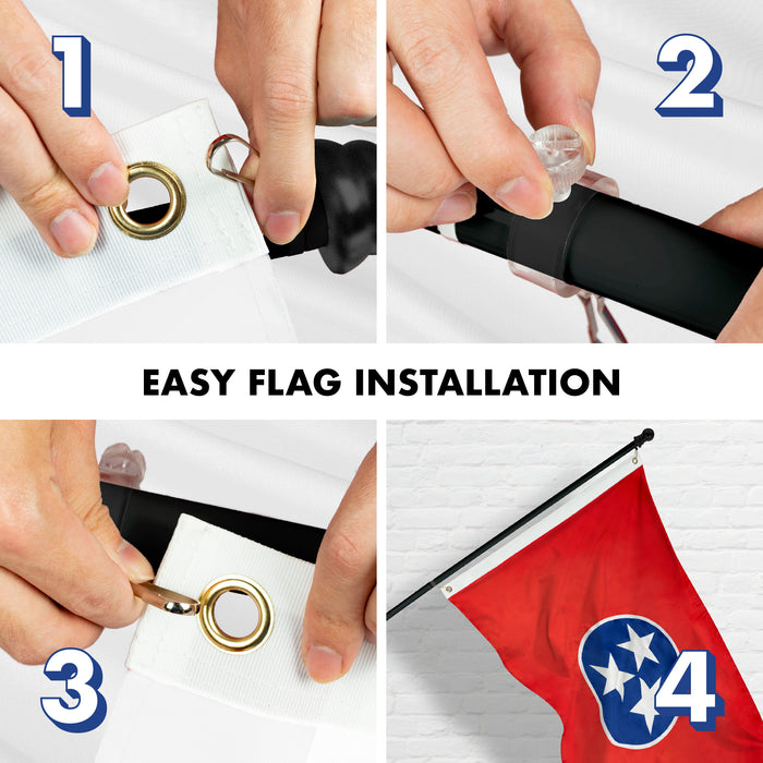 G128 Combo Pack: 5 Ft Tangle Free Aluminum Spinning Flagpole (Black) & Tennessee TN  2x3 Ft, ToughWeave Series Embroidered 300D Polyester | Pole with Flag Included