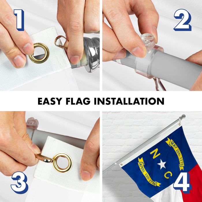 G128 Combo Pack: 5 Ft Tangle Free Aluminum Spinning Flagpole (Silver) & North Carolina  2x3 Ft, ToughWeave Series Embroidered 300D Polyester | Pole with Flag Included