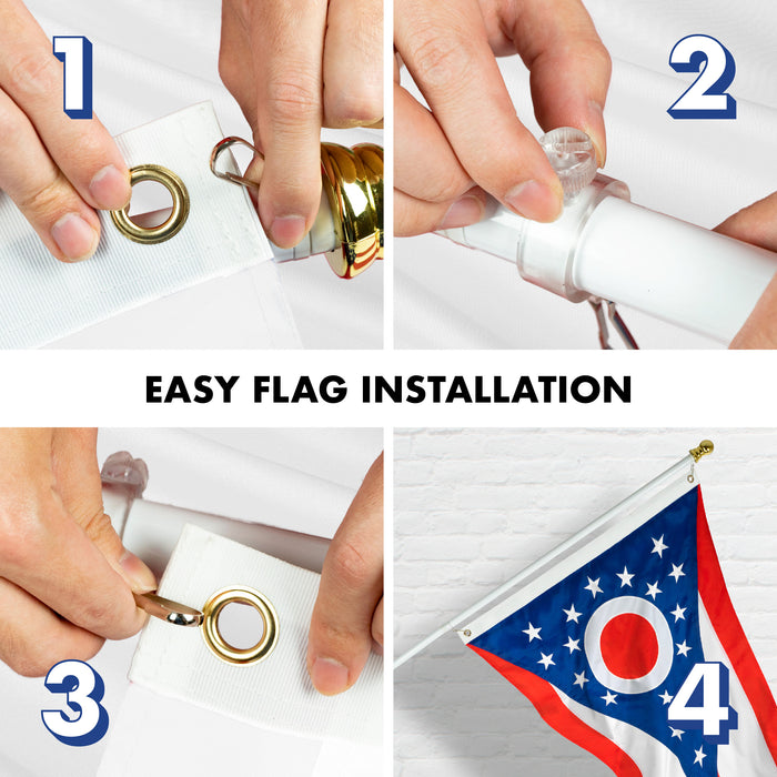 G128 Combo Pack: 5 Ft Tangle Free Aluminum Spinning Flagpole (White) & Ohio OH State Flag 2.5x4 Ft, ToughWeave Series Embroidered 300D Polyester | Pole with Flag Included