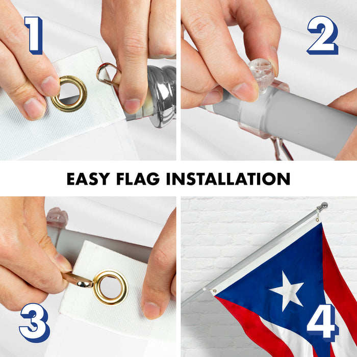 G128 Combo Pack: 5 Ft Tangle Free Aluminum Spinning Flagpole (Silver) & Puerto Rico Puerto Rican Flag 2.5x4 Ft, ToughWeave Series Embroidered 300D Polyester | Pole with Flag Included