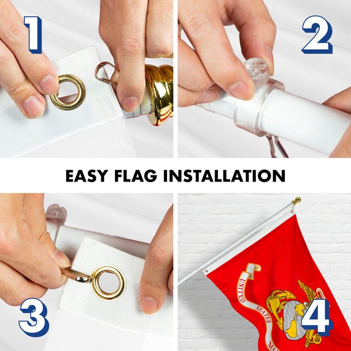G128 - 6 Feet Tangle Free Spinning Flagpole (White) US Marine Corps Brass Grommets Printed 3x5 ft (Flag Included) Aluminum Flag Pole