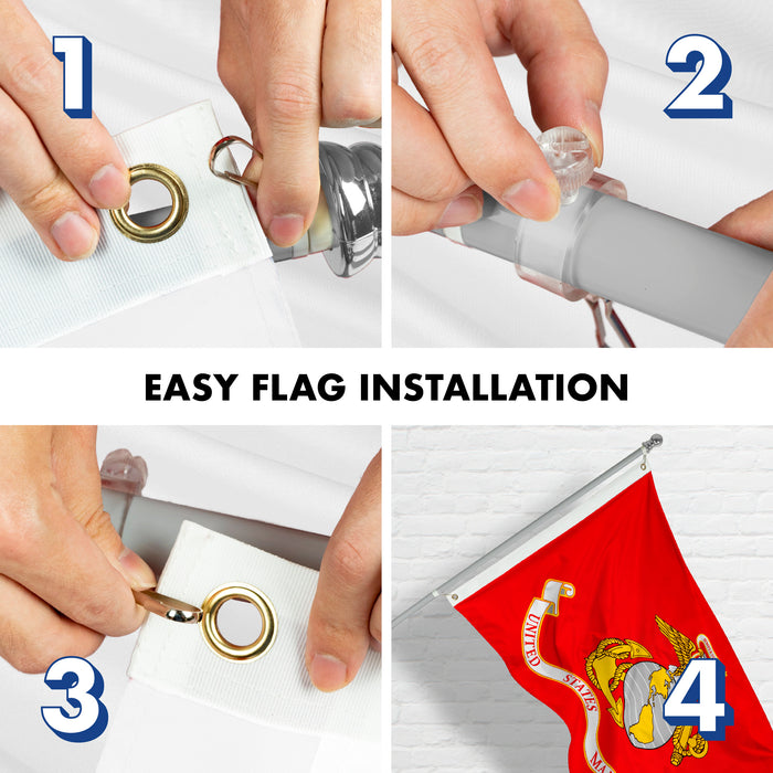 G128 - 6 Feet Tangle Free Spinning Flagpole (Silver) US Marine Corps Brass Grommets Printed 3x5 ft (Flag Included) Aluminum Flag Pole