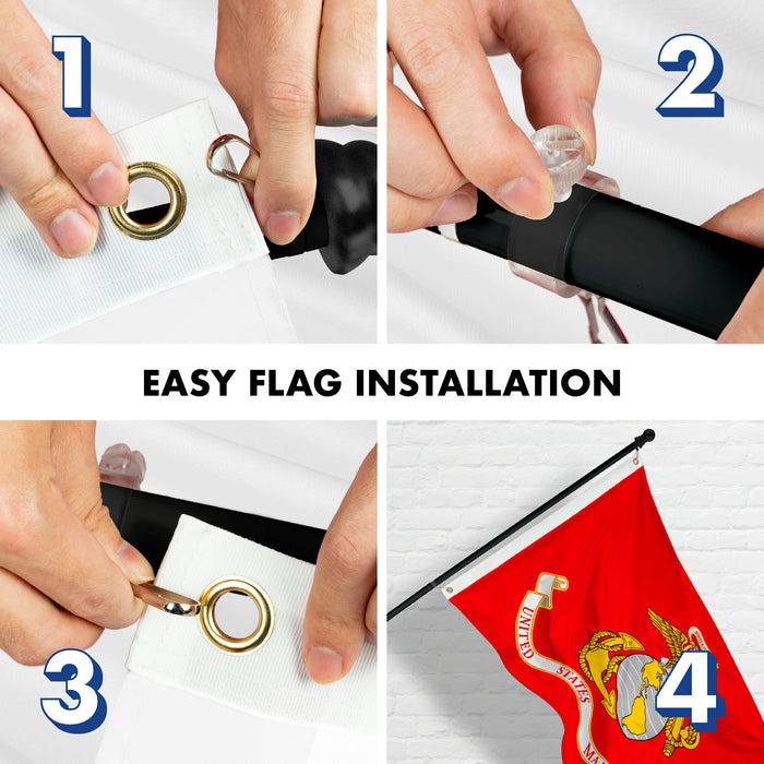 G128 - 6 Feet Tangle Free Spinning Flagpole (Black) US Marine Corps Brass Grommets Printed 3x5 ft (Flag Included) Aluminum Flag Pole