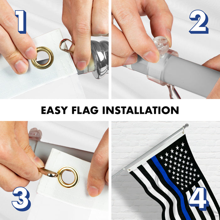 G128 - 5 Feet Tangle Free Spinning Flagpole (Silver) Thin Blue Line Flag Brass Grommets Spun Polyester 2x3 ft (Flag Included) Aluminum Flag Pole