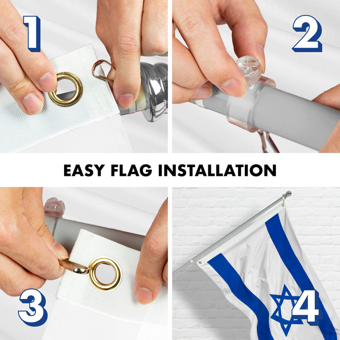 G128 - 6 Feet Tangle Free Spinning Flagpole (Silver) Israel Brass Grommets Printed 3x5 ft (Flag Included) Aluminum Flag Pole