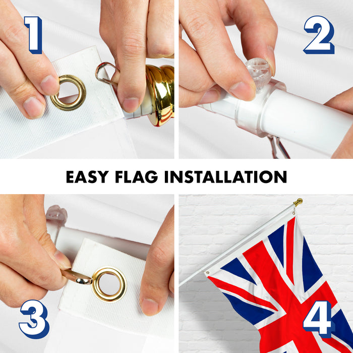 G128 - 6 Feet Tangle Free Spinning Flagpole (White) United Kingdom Brass Grommets Printed 3x5 ft (Flag Included) Aluminum Flag Pole
