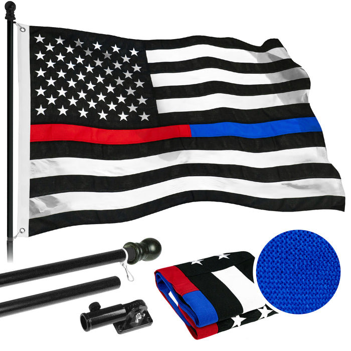 G128 - 6 Feet Tangle Free Spinning Flagpole (Black) Thin Blue&Red Line Flag Brass Grommets Spun Polyester 3x5 ft (Flag Included) Aluminum Flag Pole